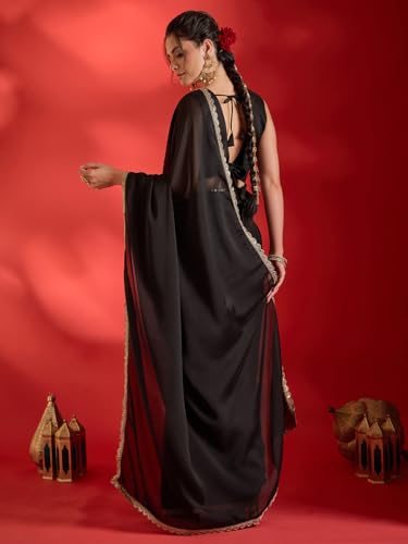 Image of AKHILAM Women's Shimmer Pure Georgette Embroidered Ready To Wear one Minute Saree With Unstitched Blouse Piece
