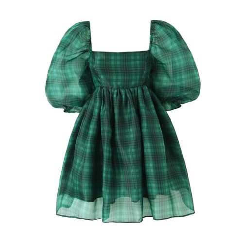 Primavera Nuevo Temperamento Casual Verde a Cuadros Organza Mini Vestido-Imagen Color-S