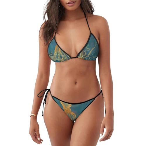 Traje de baño de dos piezas con estampado de pulpo dorado para mujer, cómodo, perfecto para la playa, surf y fiestas en la piscina, Negro, XL