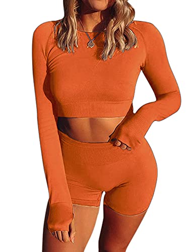 HCKG Women s 2 Piece Yoga Outfits Workout Crop Tops Athletic Sets Long Sleeve Gym High Waisted Compression Shorts Orange S