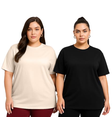 Image of JUNEBERRY 100% Pure Cotton Oversized Baggy Fit Drop Shoulder Solid Core Plus Size T-Shirt Combo for Women (Pack of 2) (Sizes from: 2XL to 5XL)