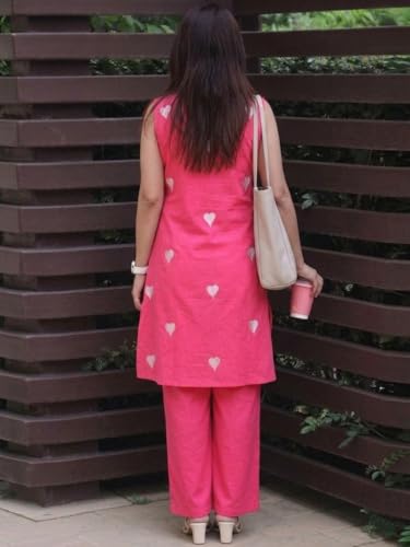 Image of ANNI Designer Kurta Set for Women Cotton Blend Embroidered | Kurti Set for Woman | Farshi Salwar Suit Kurta Palazzo Outfit | Round Neck V Slit Sleeveless Regular Fit Ethnic Dress Stylish Clothing