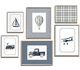 6Pcs Vintage Transportation Nursery Wall Art Navy Blue Hot Air Balloon Biplane Train Truck Sailboat Pictures Wall Decor Blue Vintage Nursery Poster Prints for Bedroom Playroom Decor 8'x10' Unframed