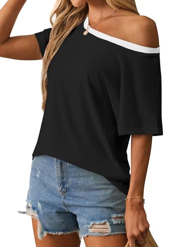 Image of Hilinker Womens Sexy Off The Shoulder Tops Short Batwing Sleeve T Shirt Oversized Casual Tee
