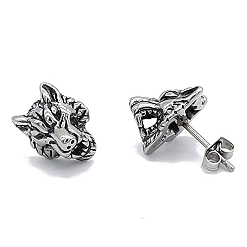 Punk Wolf Animal Stud Earrings for Men Women Boys Girls Cartilage Stainless Steel Vintage Personalized Piercing Post Gifts Rock Gothic Hypoallergenic Gifts for Son Boyfriend