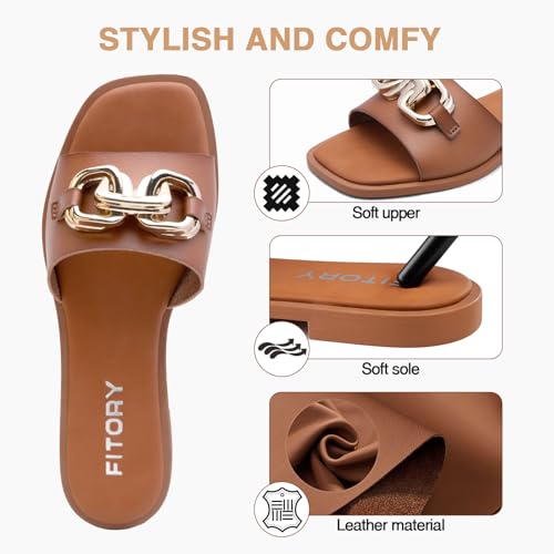 Image of FITORY Women's Flat Sandals Fashion Slides With Soft Leather Slippers for Summer Size 6-11