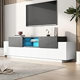 LED TV Schrank,Modernes TV-Unterhaltungszentrum mit Glasböden für Wohnzimmer, Schlafzimmer, TV-Konsole mit Lagerung, Gaming Media Cabinet für 80/75/70/65/55 Zoll TVs Weiß+Grau (180X40X45cm)