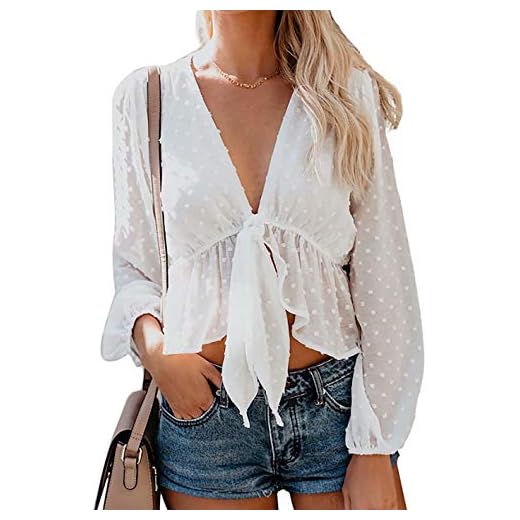 Women's Solid Open Front Tie Knot Crop Top Long Sleeve Deep V Neck Ruffle Chiffon Short Blouse Shirt (XXL, White)