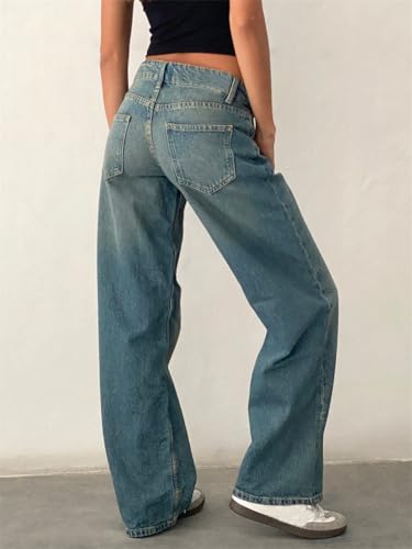 Akoilo Women's Baggy Wide Leg Jeans Straight Leg Boyfriend Denim Pants Comfort Jeans Low Rise Blue XS, S, M, L, XL3