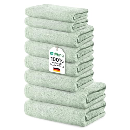 Ôhm Badezimmer Set 8-teilig, Salbei – 100{4523c23f35cd47f4c397600397793d8af1c772673f5293702597617755032f36} Baumwolle 500 g/m² – 2 Duschtücher 70x140 cm + 4 Handtücher 50x100 cm + 2 Gästetücher 30x50 cm – Handtuchset für Familie & Paar – Oeko-Tex Zertifiziert
