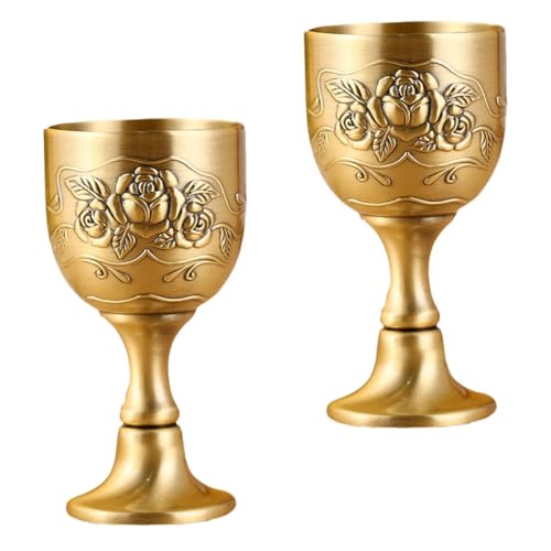 Cabilock Juego de 2 Vasos Pequeños Estilo Vintage Cáliz de Vino de Aleación de Zinc Color Bronce Copa para Whisky Grabado Mini Copa para Degustación Bar y Hogar