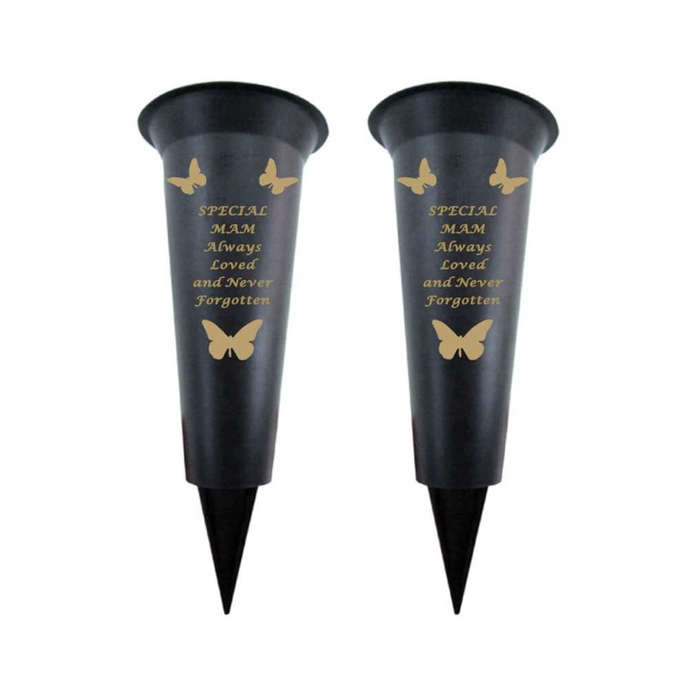 Memorial Grave Vases Ornaments Black Plastic Flower Holders - Butterfly Spike Grave Flower Vases with Funeral Verses for Your Loved Ones - Pack of 2 (Mam - Pack of 2)