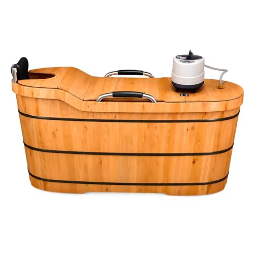 Adult Cedar Soaking Tub with Integrated Steam & Herbal Box – Premium Wooden Spa Bath Bundle (Wood color, 59 in)