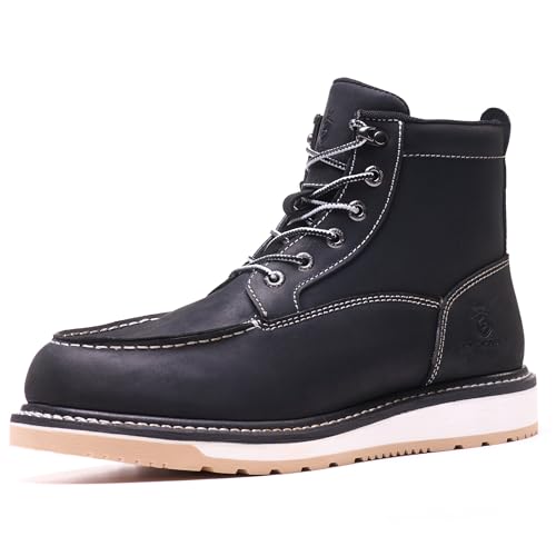 SL-Saint Waterproof Soft Moc Toe Handmade Classic Fashion Work Boots for Men,Goodyear-welted Industrial&Construction Hiking Wedge 6'' Black/Brown (Black, 10)
