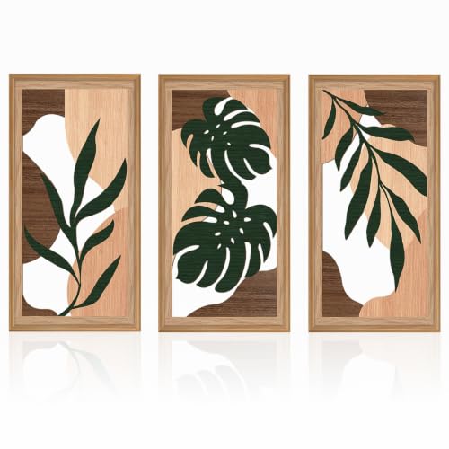 IARTTOP Boho Wood Tropical Framed Wall Art 12X24 Inch Large Mid Century Palm Leaves Wooden Wall Decor Minimalist Botanical Artwork for Living room Bedroom Set of 3