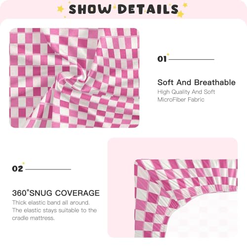 Image of Pink Checkered Fitted Crib Sheets Stretchy Portable Playard Sheets for Baby Toddler, Breathable Soft Mini Crib Mattress 52 x 28 in for Boys and Girls