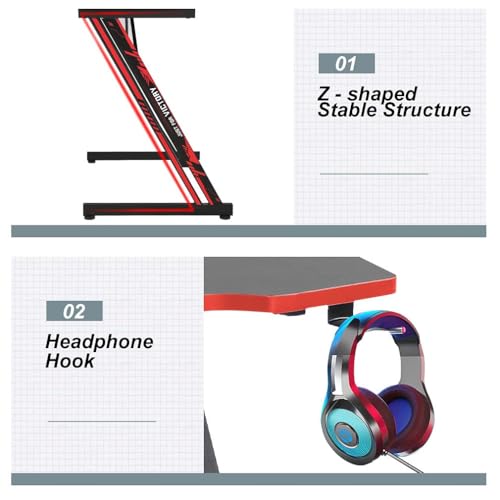 Image of Gmaing Desk 35.4in PC Computer Desk, Blue Ergonomic Gaming Table Z Shaped Gaming Workstation with Headphone Hook for Home Office