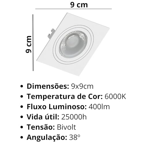 Kit 5 Spot LED Quadrado Branco Direcionável Embutir 5W Branco Frio Bivolt