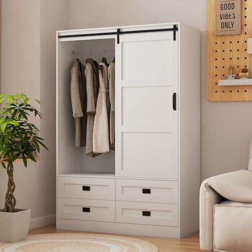 Wardrobe Closet with Sliding Barn Door, Tall Wooden Bedroom Armoire Wardrobe Closet Clothing Storage...