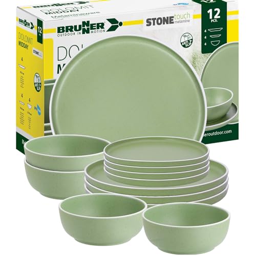 BRUNNER: Melamin Geschirr-Set Camping | 12-Teilig - Teller & Schüsseln für 2-4 Personen | DOLOMIT Midday - Stapelbar, Kratzfest