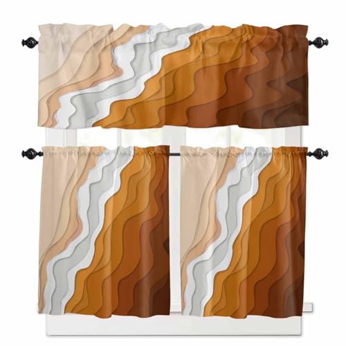 Orange Coastal Beach Kitchen Curtains 36 Inch Length,3 Piece Rod Pocket Small Half Tiers and Valance Set,Rustic Abstract Sea Waves Striped Small Large Window Treatment Decor for Bedroom/Bathroom Sink