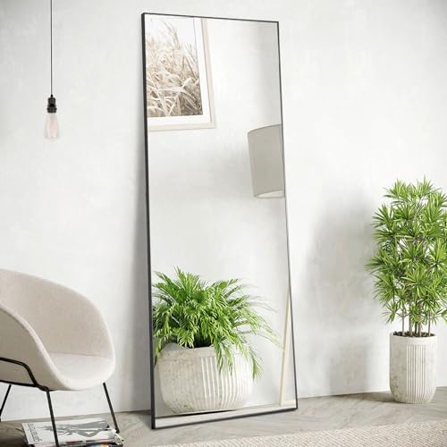 Sweetcrispy Full Length Mirror with stand, 59"x16" Floor Mirror with Aluminum Alloy Frame for Bedroom, Standing Full Body Mirror with Shatter-proorf Nano Glass for wall, Living Room, Cloakroom (Black)