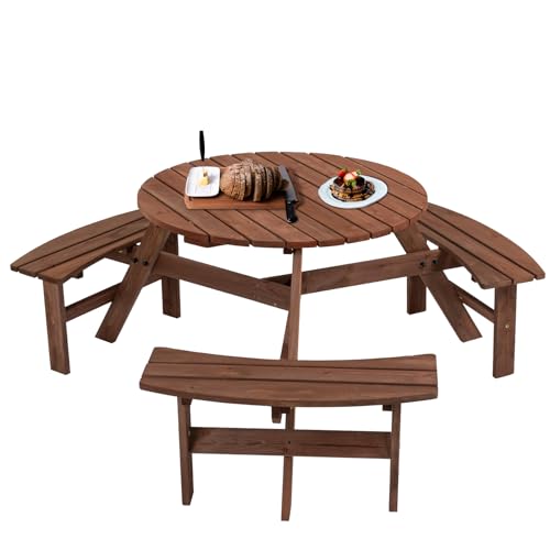 Jaxilyn 6-Person Outdoor Circular Wooden Picnic Table with 3 Built-in