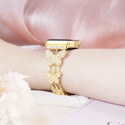 Image of Butterfly Band for Apple Watch Bands 40mm 41mm 42mm for Women Gold | 42mm(S11 /10) 38mm iWatch SE Series 11 10 9 8 7 6 5 4 3, Slim Thin Metal Fancy Bling Dressy Strap for Apple Watch Band-Gold
