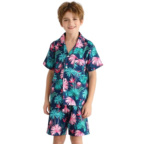 Image of Weixinbuy Boys Summer Outfits Short Sleeve Hawaiian Shirt and Shorts Vacation Set for Kids Summer Clothes Set