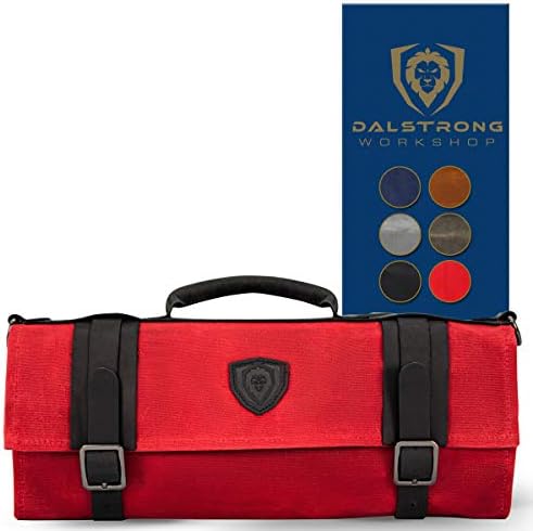 Dalstrong Nomad Knife Roll - 12oz Heavy Duty Canvas & Top Grain Leather Roll Bag - 13 Slots - Interior and Rear Zippered Pockets - Blade Travel Storage/Case (Crimson Red)