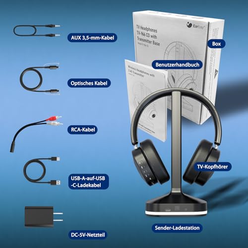 Funkkopfhörer für Fernseher, Kabellose TV-Kopfhörer mit Sender-Ladestation für Senioren, Ohne Audio-Verzögerung, Bluetooth 5.4, Over-Ear Kopfhörer mit 3 Audiomodi, Geschenk für Eltern/Ältere Menschen