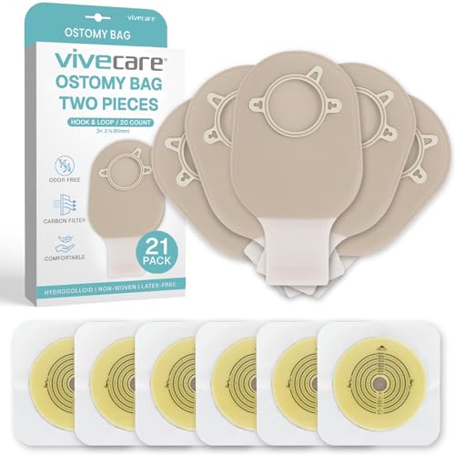 Vive 21 PCS Colostomy Bags - Two Piece Drainable Ostomy Pouch for Colostomy, Ileostomy - Odor Resistant, Skin-Friendly Ostomy Supplies for Stoma Care (Hook & Loop System) (Tan)