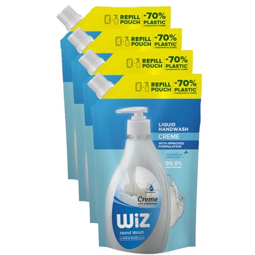 Image of Wiz Creme Hand Wash Refill Pouch - 1L (Pack of 4) | Moisturizing Formula for Soft & Smooth Hands | Germ Protection | pH Balanced | 70% Less Plastic | Gentle Everyday Hand Care
