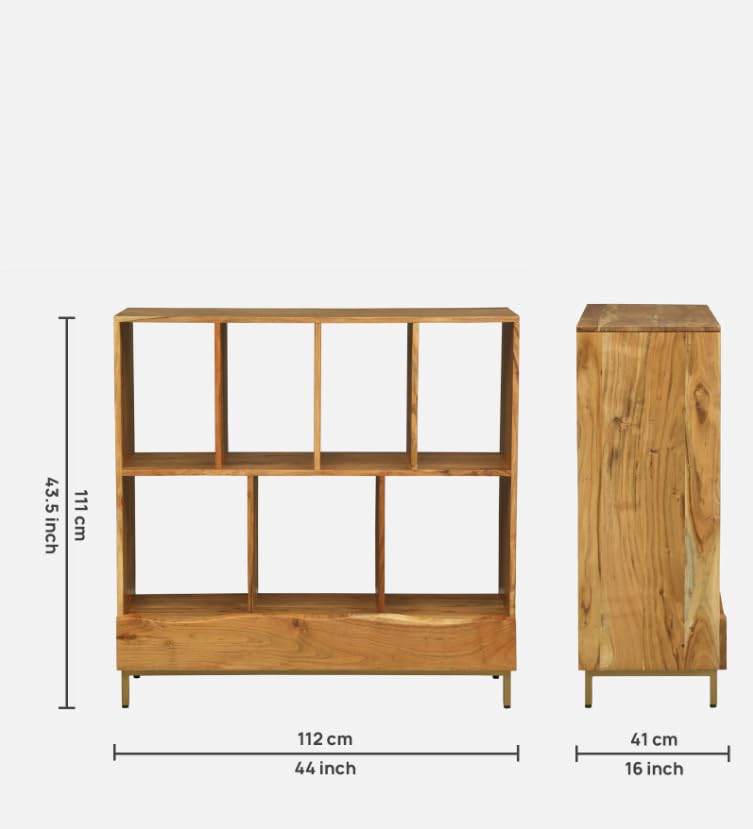 Image of Boston Modern Bookshelf Storage for Living Room & Study | Acacia Wood, Natural Finish | Wooden Book Shelf with Doors & Open Display Racks | Modular Storage Unit for Home Office
