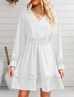 Womens Long Sleeve Midi Dress Casual Ruffle Fashion V Neck High Waist A Line Flowy Boho Short Fall Dresses for Wedding Guest
