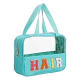 Chenille Letter Patch Clear Bag,Preppy Multi-purpose PVC&Nylon Clear Makeup Bag with Handles,Large Travel Makeup Toiletry Storage Zipper Pouch, Tote Bag for Women (Mint-HAIR)