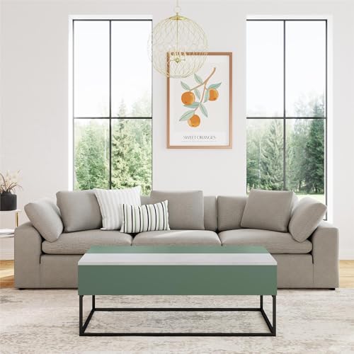 Jenvor Perry Lift-Top Coffee Table Green Marble-Look Composite Granite Top with Storage, Painted Finish and Black Metal Base for Sofa Work, Snack and Living Room Accent