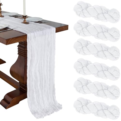 6 Pack 10FT White Cheesecloth Table Runner 120 Inch Long Gauze Rustic Boho Cheese Cloth Table Runner Sheer Fabric Decorations for Holiday Party Wedding Banquet Bridal Baby Shower Dcor