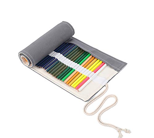Image of Colored Pencils Roll Bag, Pen Paint Brush Storage Pouch Portable for Artist Student,Women, Men 48 Loops (Grey)