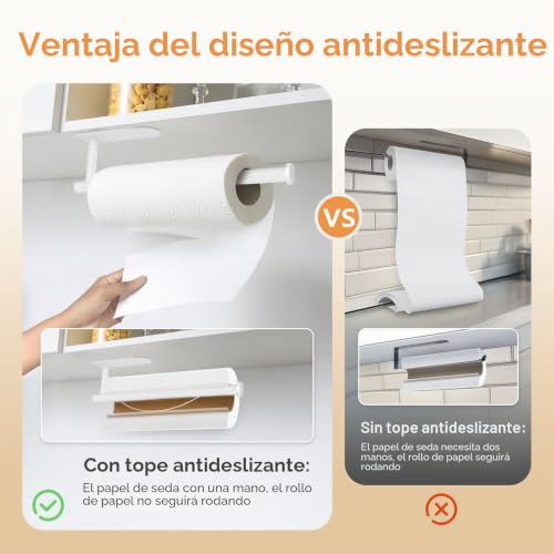 Miniatura 2 de Zuimeng Portarrollos Papel Cocina Sin Taladrar, Dispensador Con Frenos Y Autoadhesivo - Soporte Acero Inoxidable Para Pared O Bajo Mueble Blanco