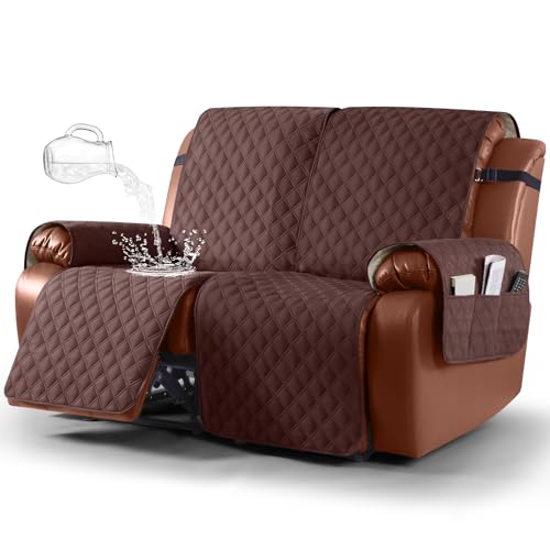 Ruaozz Waterproof Recliner Sofa Covers, 1-Piece Couch Covers for Reclining Couches Reclining Couch Cover Washable Furniture Protector with Elastic Straps Pocket for Kids Pets (Coffee, 2 Seater)
