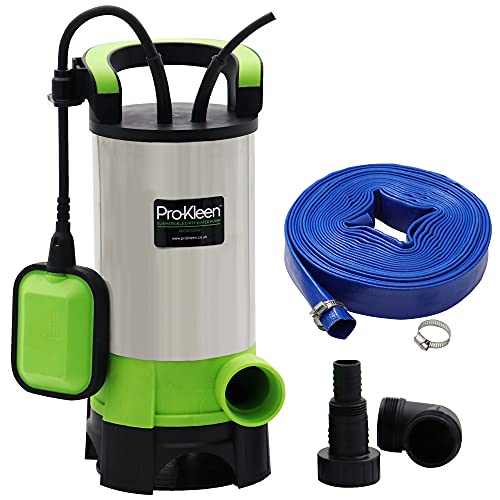 Pro-Kleen Submersible Water Pump 1100W Electric, 18000L/H, Heavy Duty 10m Layflat Hose for Clean or Dirty Water, Float Switch, 10M Power Lead, Floods, Pools, Gardens, Ponds, Hot Tubs