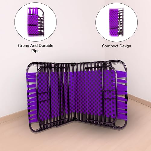 Image of Casa Copenhagen, Portable Single Folding Bed Heavy Duty Metal Cot Khat for Sleeping Bed Space Saving Design Sturdy Synthetic Niwar feet - Purple & Black
