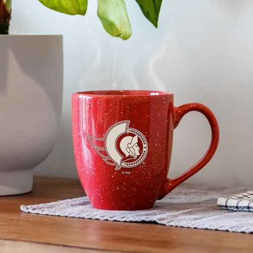 Image of Rico Industries NHL Hockey Ottawa Senators Red 16 oz Team Color Laser Engraved Speckled Ceramic Coffee Mug