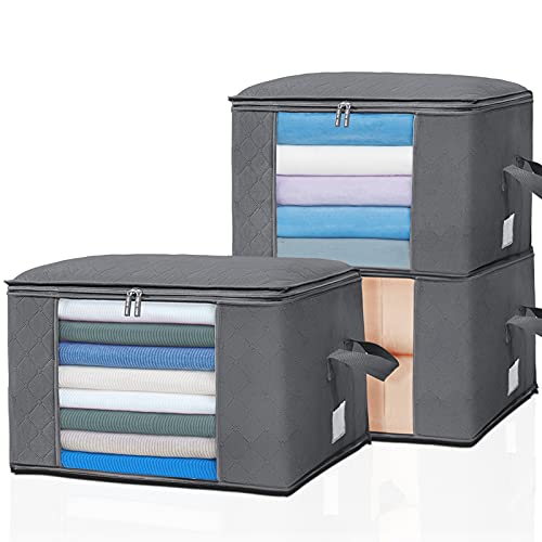 Enther 3 Odorless Clothes Large Capacity Closet Organizers and Storage Bags for Comforters Blankets Bedding, Gray (Large-3) Enther 3 Odorless Clothes Large Capacity Closet Organizers and Storage Bags for Comforters Blankets Bedding, Gray (Large-3)