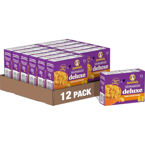 Annie's Deluxe Shells and Aged Cheddar, Pasta and Cheese Sauce, Mac and Cheese Made with Organic Pasta, Dinner Side or Snacks, 11 oz (Pack of 12)
