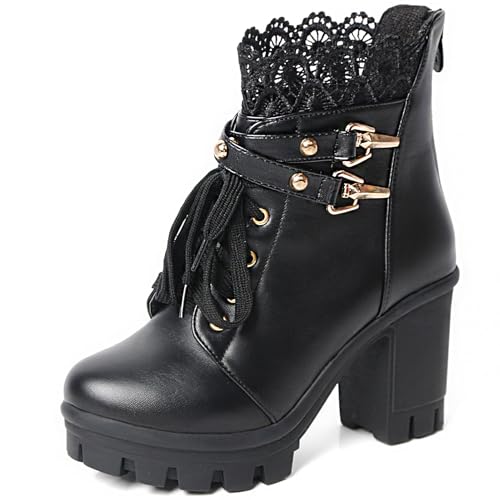 Image of MEOTINA Women Platform Boots Black Chunky Heel Ankle Booties Lace Buckle Combat Boots with Zipper High Heel Goth Shoes