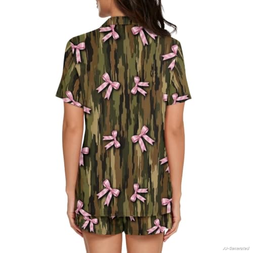 Image of Renewold Button Down Womens Pajama Set Short Sleeve Loungewear Bow Nightwear Sleepwear Night Suit Tops Shorts 2 Pieces