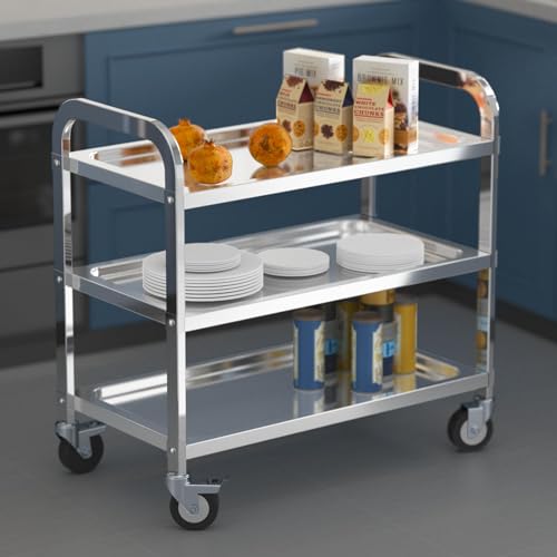 Carrito de cocina de acero inoxidable de 3 niveles con ruedas bloqueables. Ideal para restaurantes, hoteles y garajes. Solución de almacenamiento versátil para una fácil organización y movilidad