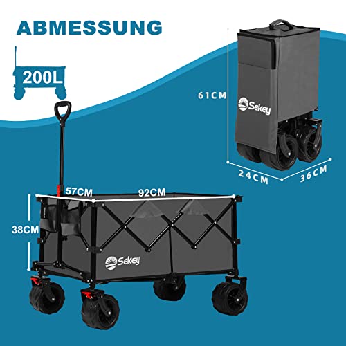 Foto von Sekey Bollerwagen Faltbar mit Bremse und Verbreiterten Reifen, Faltbarer Handwagen mit Großer Kapazität 200L, Transportwagen Transportkarre Klappbar, Grau